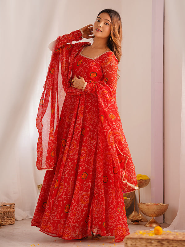 Red Bandhej Printed Anarkali Gown With Pant & Dupatta Set