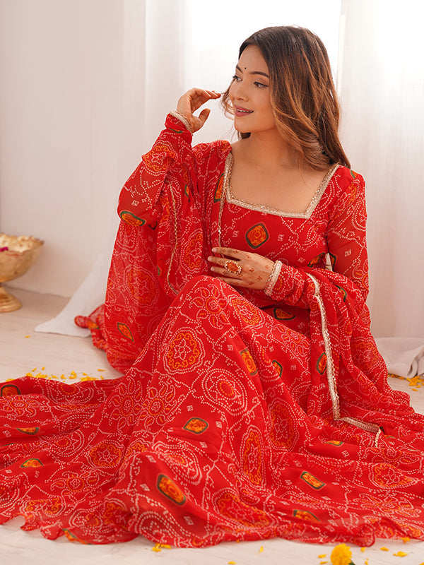 Red Bandhej Printed Anarkali Gown With Pant & Dupatta Set