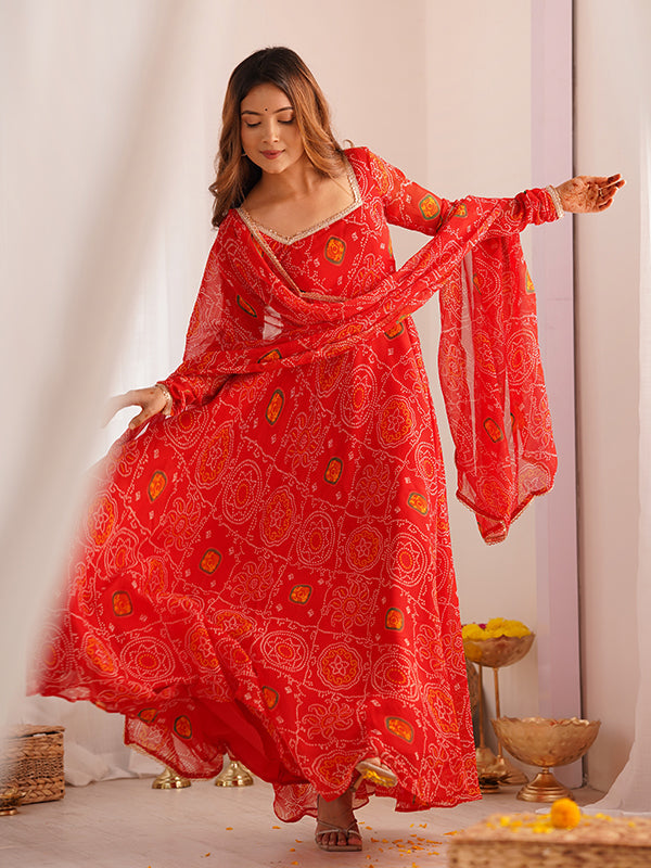 Red Bandhej Printed Anarkali Gown With Pant & Dupatta Set