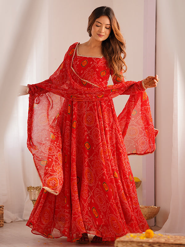 Red Bandhej Printed Anarkali Gown With Pant & Dupatta Set