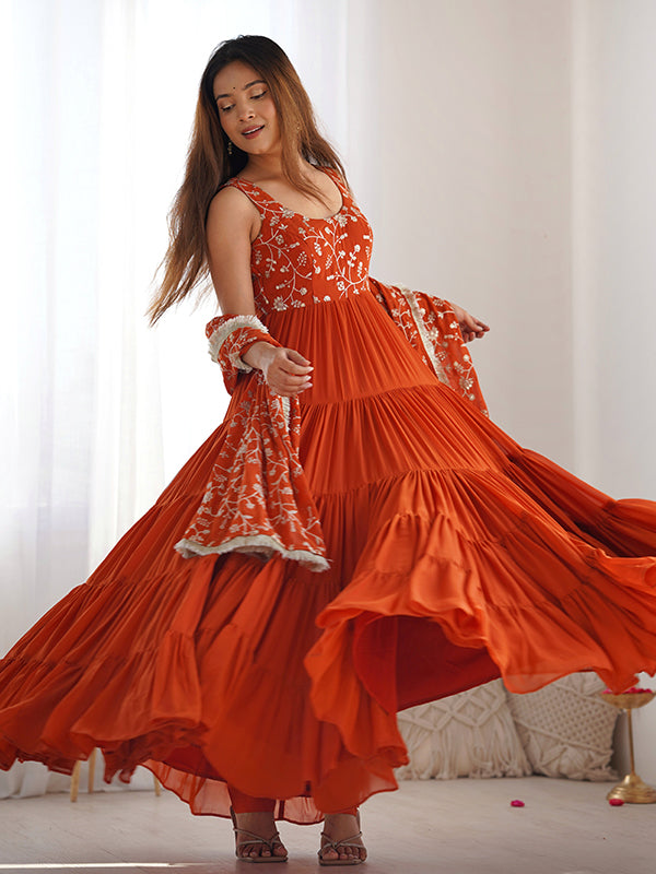 Rust Embroidered Flair Gown With Pant & Dupatta Set