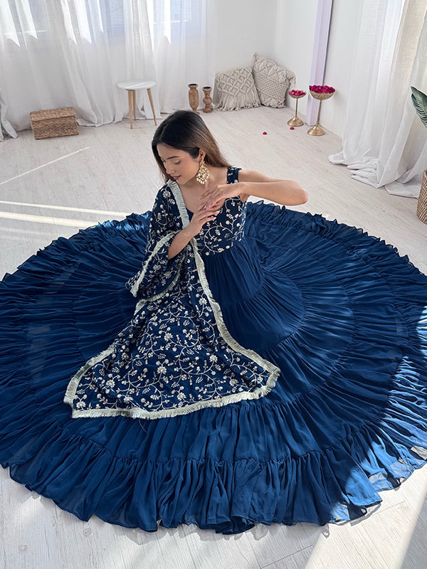 Teal Blue Embroidered Flair Gown With Pant & Dupatta Set