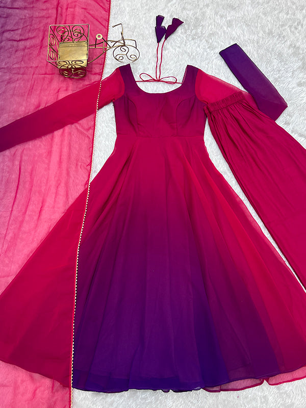 Dark Pink Colored Anarkali Gown With Pant & Dupatta Set