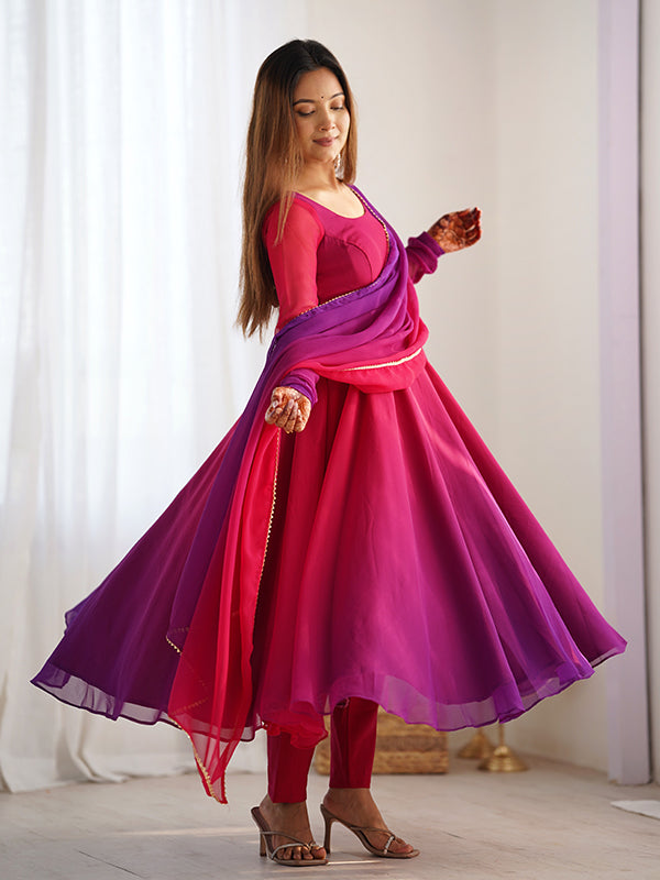 Dark Pink Colored Anarkali Gown With Pant & Dupatta Set