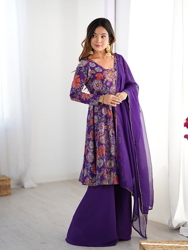 Purple Roman Silk Printed Kediya Kurta With Flair Palazzo Dupatta Set