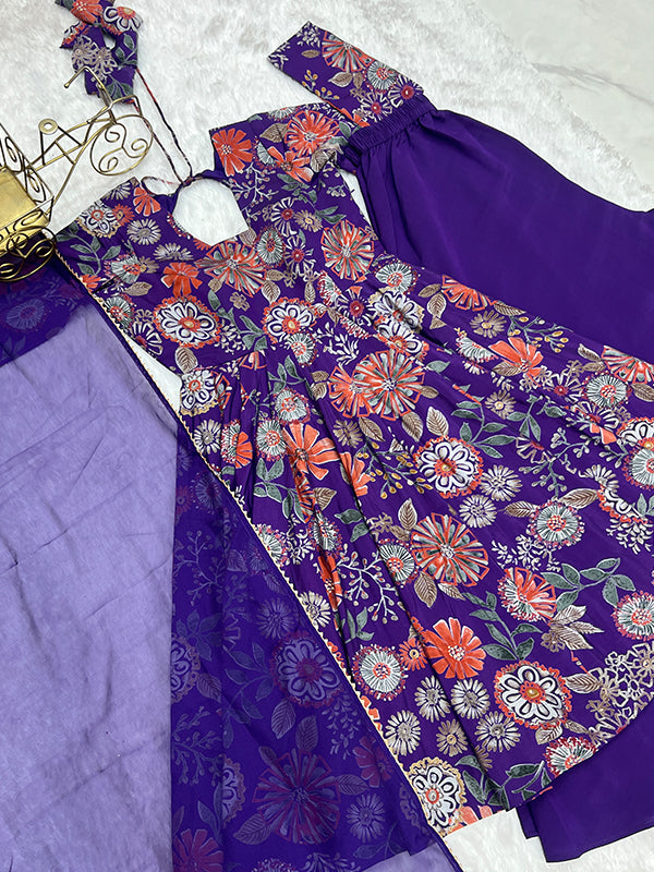 Purple Roman Silk Printed Kediya Kurta With Flair Palazzo Dupatta Set