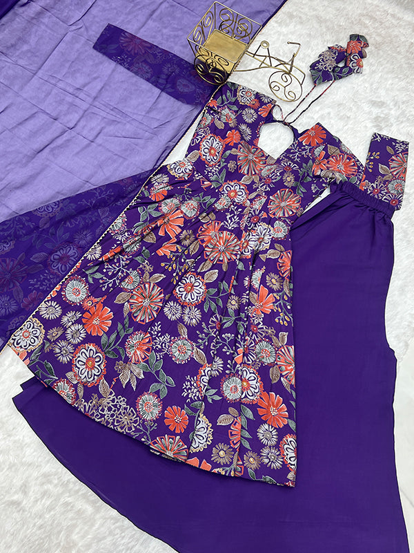 Purple Roman Silk Printed Kediya Kurta With Flair Palazzo Dupatta Set