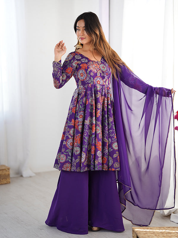 Purple Roman Silk Printed Kediya Kurta With Flair Palazzo Dupatta Set