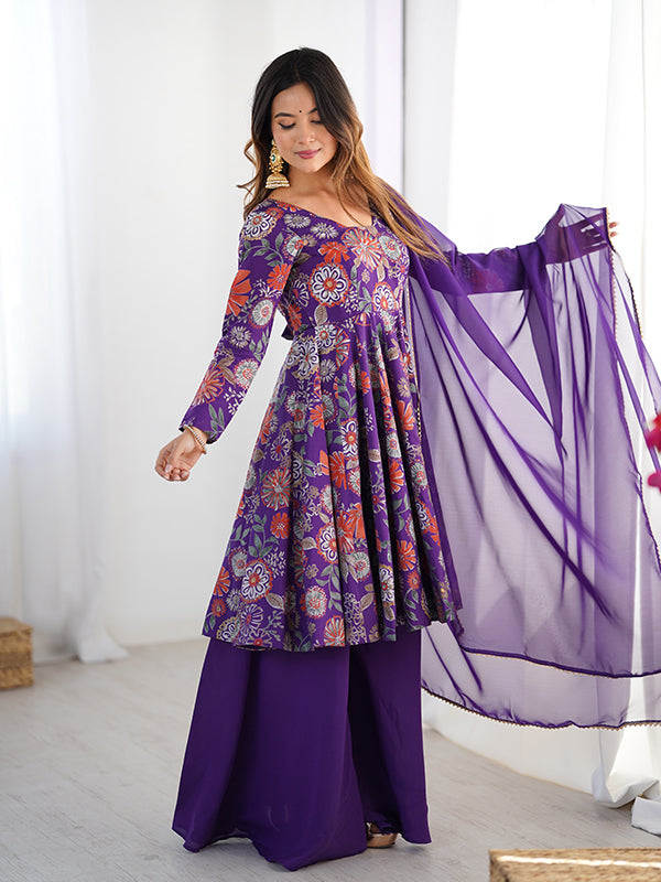 Purple Roman Silk Printed Kediya Kurta With Flair Palazzo Dupatta Set