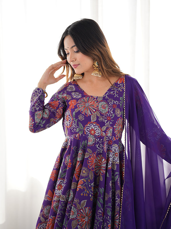 Purple Roman Silk Printed Kediya Kurta With Flair Palazzo Dupatta Set