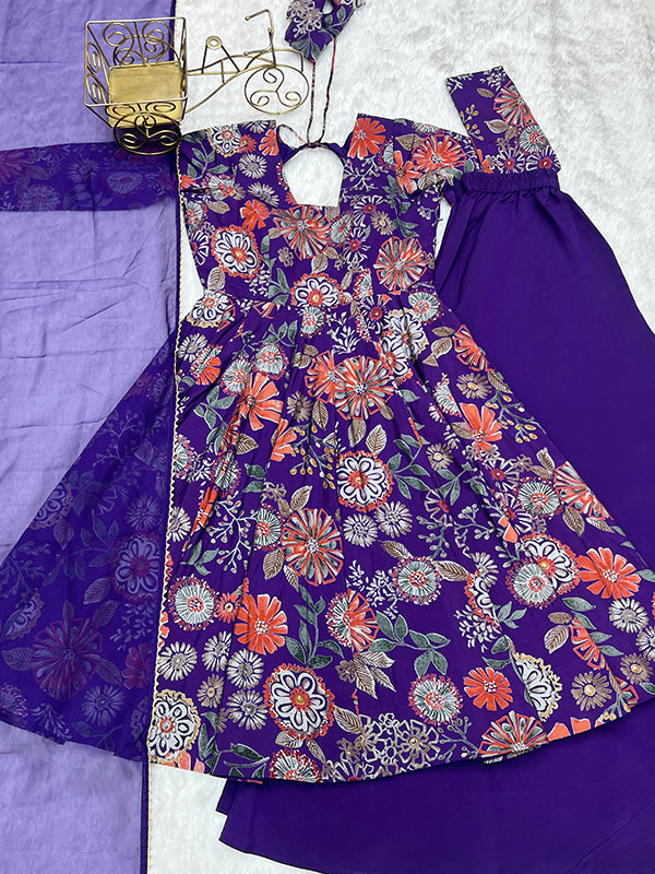 Purple Roman Silk Printed Kediya Kurta With Flair Palazzo Dupatta Set