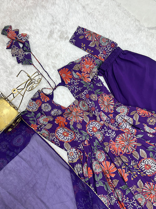 Purple Roman Silk Printed Kediya Kurta With Flair Palazzo Dupatta Set