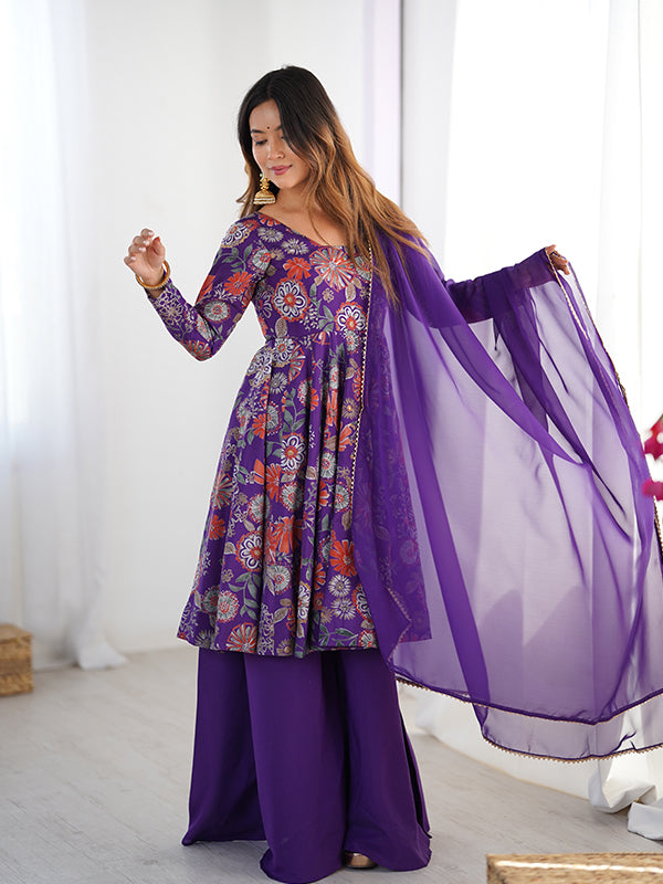 Purple Roman Silk Printed Kediya Kurta With Flair Palazzo Dupatta Set