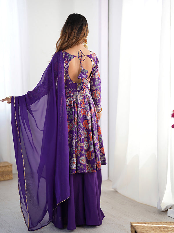 Purple Roman Silk Printed Kediya Kurta With Flair Palazzo Dupatta Set