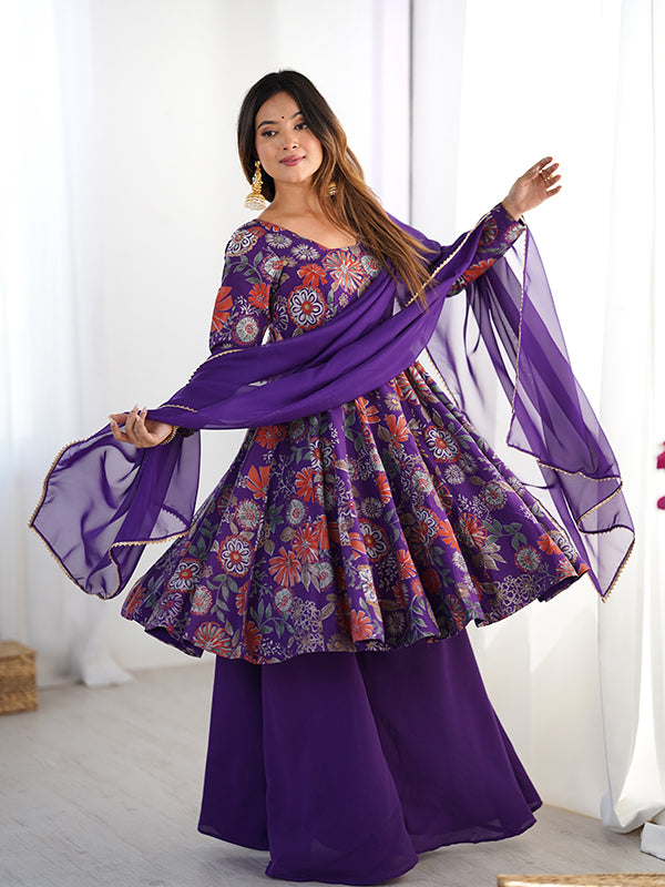 Purple Roman Silk Printed Kediya Kurta With Flair Palazzo Dupatta Set