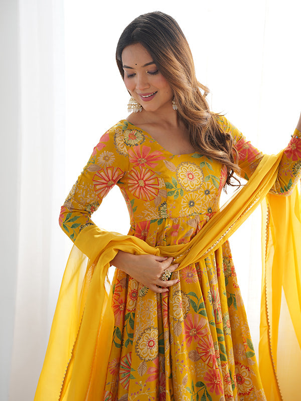 Yellow Roman Silk Printed Kediya Kurta With Flair Palazzo Dupatta Set