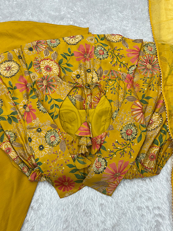 Yellow Roman Silk Printed Kediya Kurta With Flair Palazzo Dupatta Set