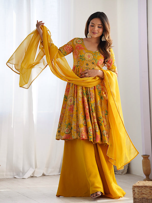 Yellow Roman Silk Printed Kediya Kurta With Flair Palazzo Dupatta Set