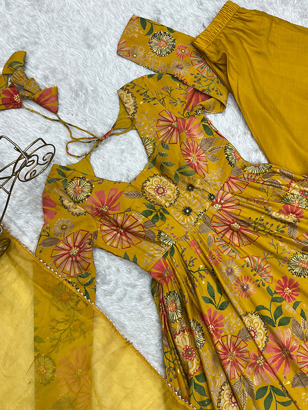 Yellow Roman Silk Printed Kediya Kurta With Flair Palazzo Dupatta Set