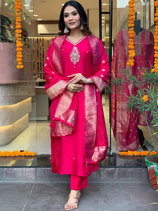 Cherry Red Fully Hand Work Tapeta Silk Kurti With Pant & Dupatta Set