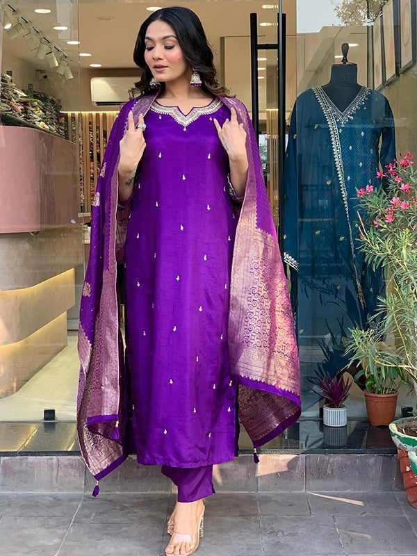 Purple Designer Nack Hand Work Tapeta Silk Kurti With Pant & Dupatta Set