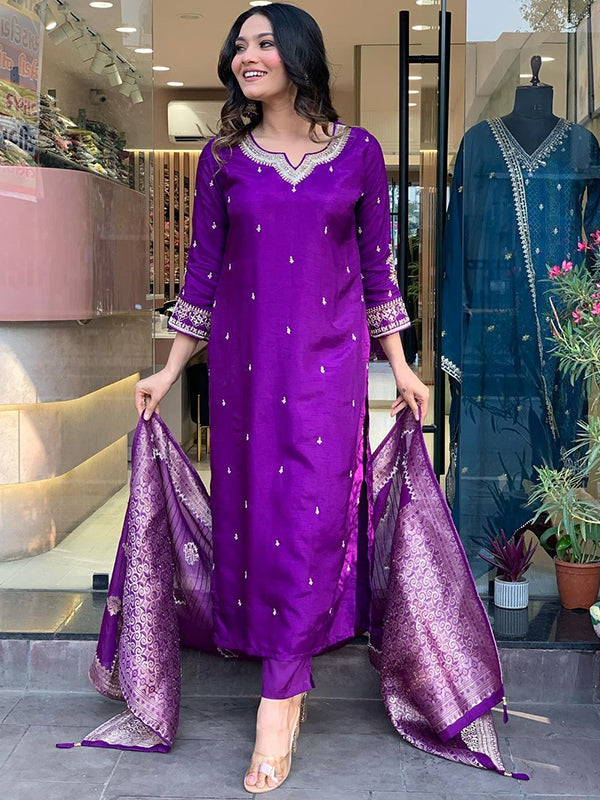 Purple Designer Nack Hand Work Tapeta Silk Kurti With Pant & Dupatta Set