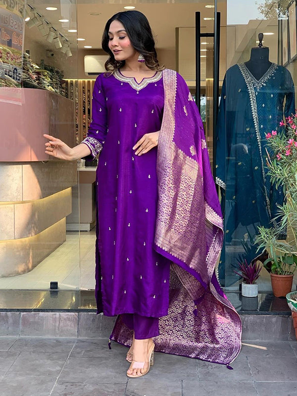 Purple Designer Nack Hand Work Tapeta Silk Kurti With Pant & Dupatta Set