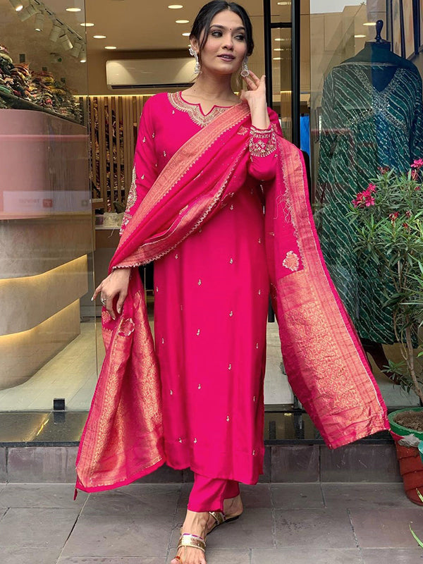 Bright Pink Designer Nack Hand Work Tapeta Silk Kurti With Pant & Dupatta Set