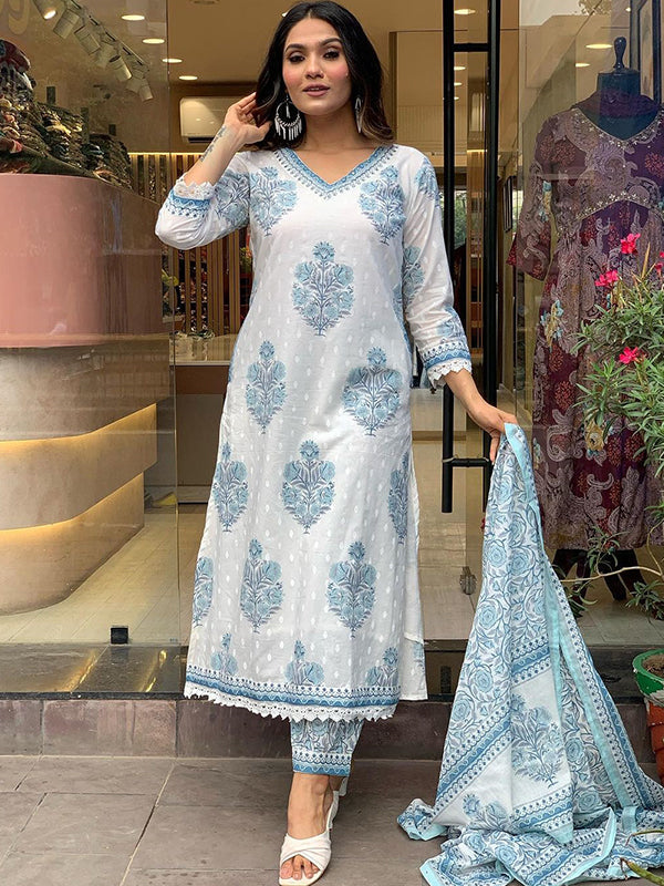 Sky Butta Printed Cotton Kurti With Pant & Dupatta Set