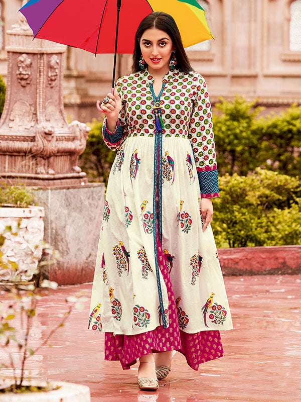 Kajal Mumtaz Multicolor Long Cotton Printed Double Layered Kurti