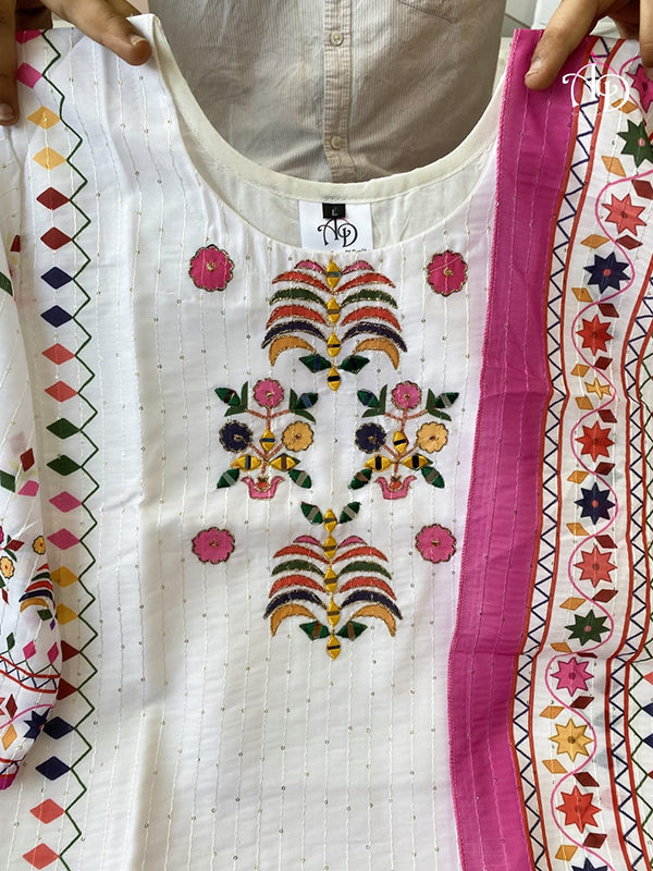 White Muslin With Sequence Kurti With Pant & Dupatta
