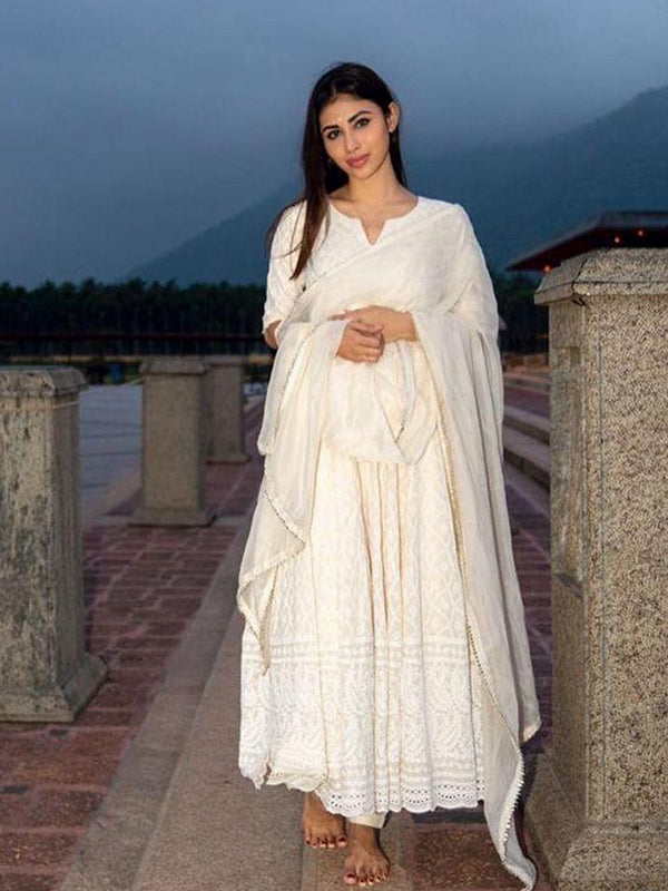Off White Cotton Embroidered Gown With Dupatta