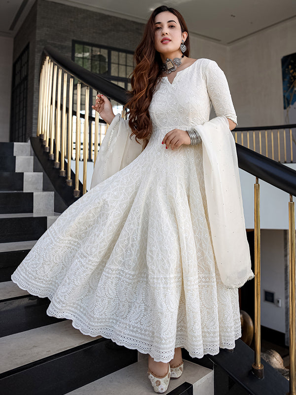 Off White Cotton Embroidered Gown With Dupatta