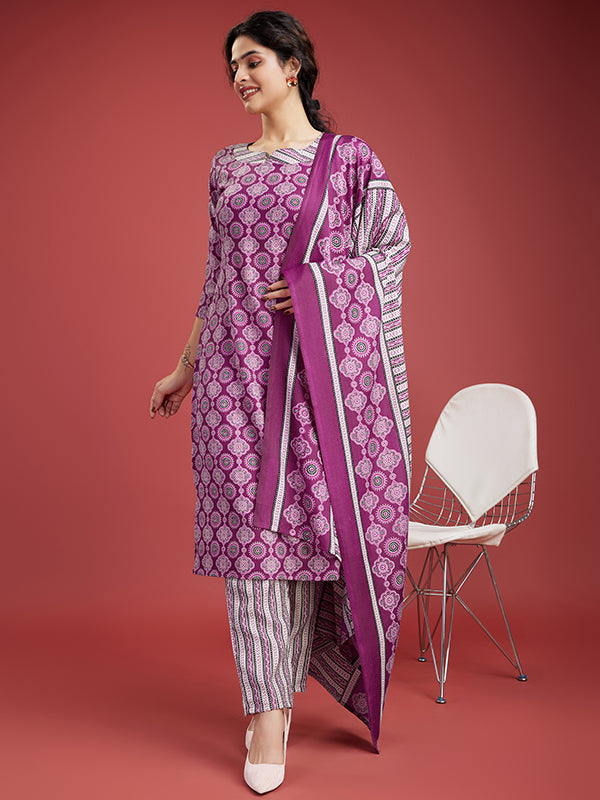 Dark Pink Cotton Printed Kurti With Pant & Dupatta Set