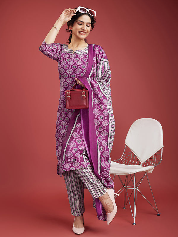 Dark Pink Cotton Printed Kurti With Pant & Dupatta Set