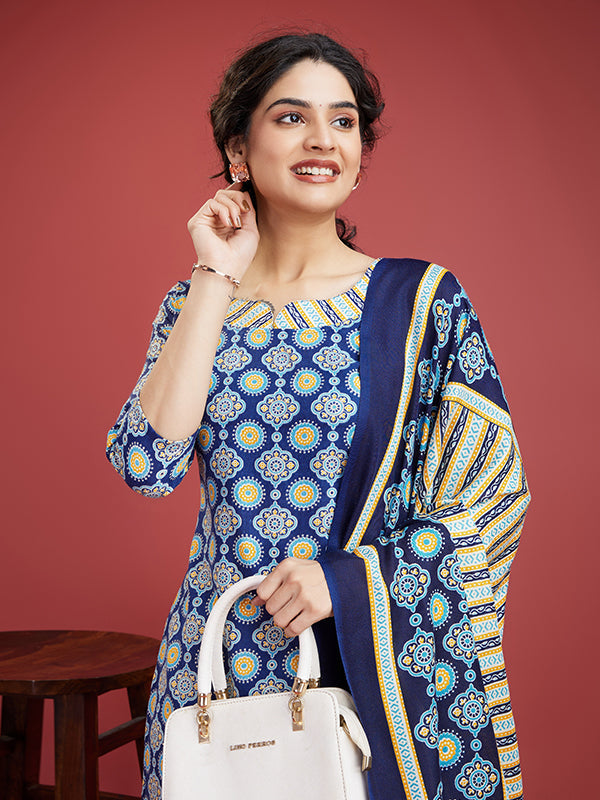 Dark Blue Cotton Printed Kurti With Pant & Dupatta Set