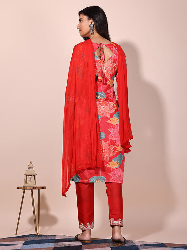 Red Floral Printed Kurti With Pant & Dupatta Set
