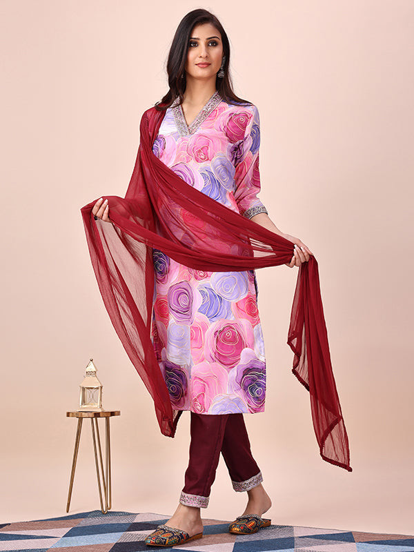 Pink Floral Printed Kurti With Pant & Dupatta Set