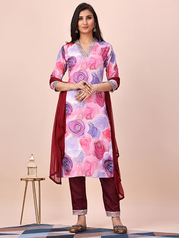 Pink Floral Printed Kurti With Pant & Dupatta Set