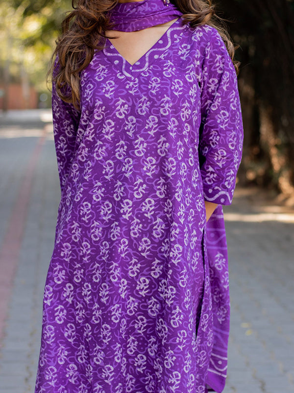 Purple Cotton Printed Kurti With Pant & Dupatta Set