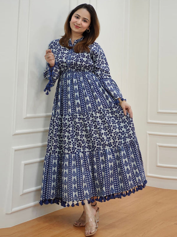 Indigo Blue Cotton Floral Printed A-line Gown