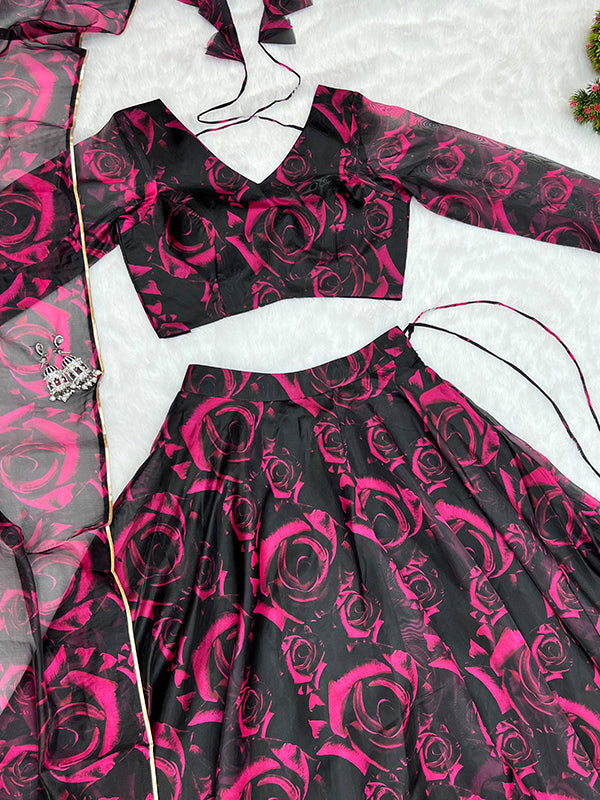 Black Pink Rose Printed Organza Silk Lehenga Choli