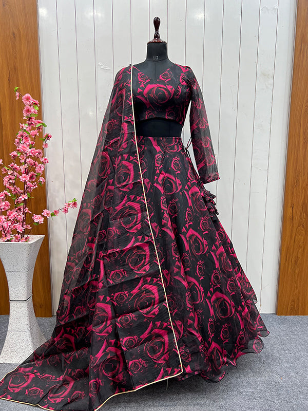 Black Pink Rose Printed Organza Silk Lehenga Choli