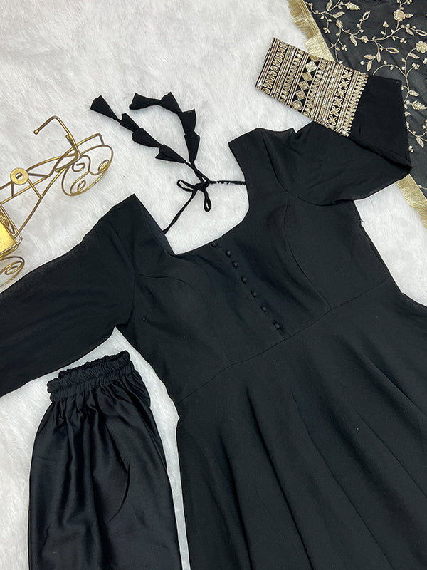 Black Anarkali Georgette Gown With Golden Dupatta Set