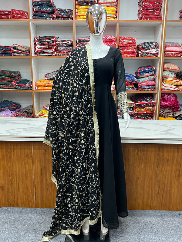 Black Anarkali Georgette Gown With Golden Dupatta Set