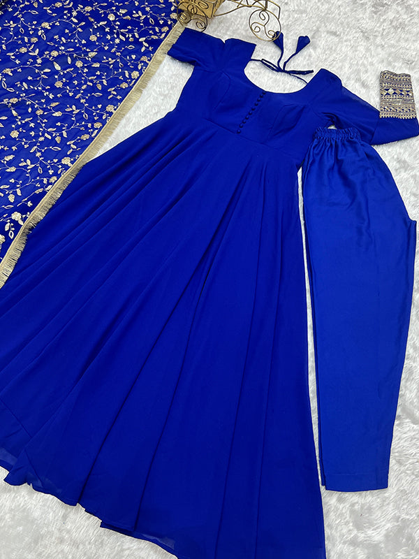 Royal Blue Anarkali Georgette Gown With Golden Dupatta Set