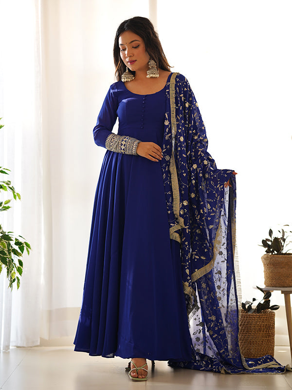 Royal Blue Anarkali Georgette Gown With Golden Dupatta Set