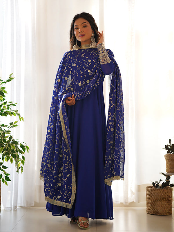 Royal Blue Anarkali Georgette Gown With Golden Dupatta Set