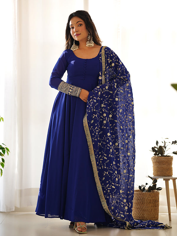 Royal Blue Anarkali Georgette Gown With Golden Dupatta Set