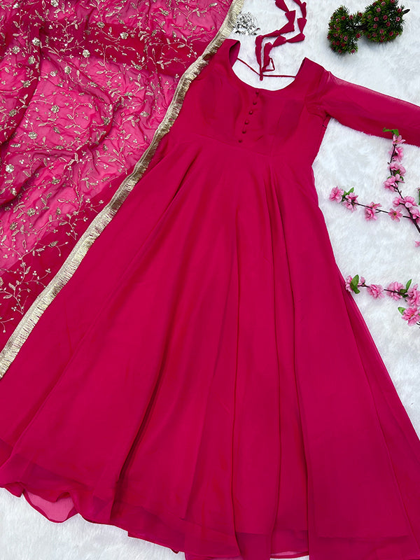 Rani Anarkali Georgette Gown With Golden Dupatta Set